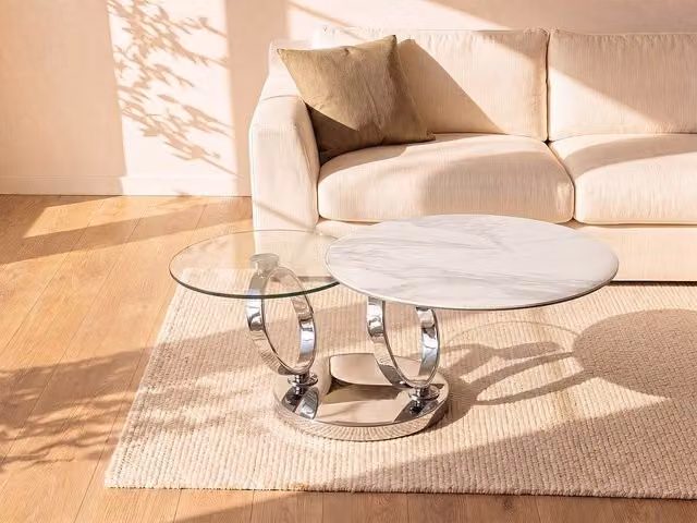 Vente-unique Modern Round Coffee Table with Rotating Ceramic and Glass Top in White and Transparent – 1