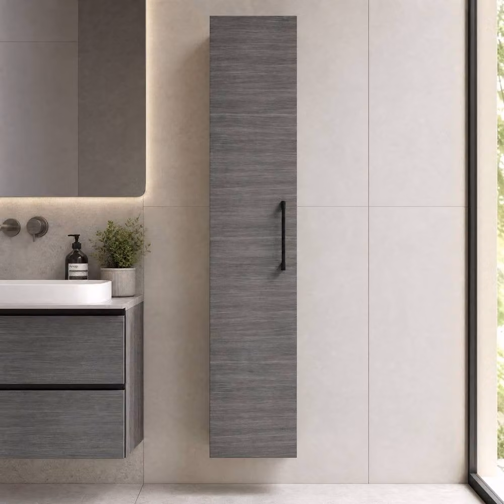 Balterley Bramshall Modern Wall Hung Tall Bathroom Storage Unit with Soft Close Door, Grey, Width: 30 cm – 2
