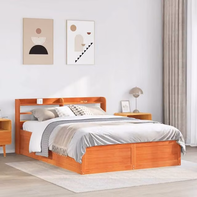 Berkfield Home Sleek Solid Wood Pine Bed Frame with Headboard in Wax Brown, W/D/H: 160 x 200 cm
