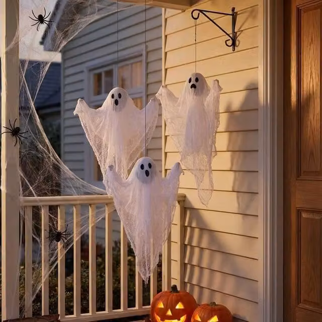 Garden Greatness Pack of 3 White Hanging Halloween Ghost Figures – 4