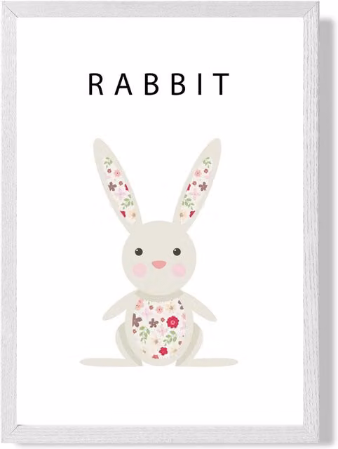 ARTZE Pink Floral Rabbit Framed Paper Print, White Frame, A4