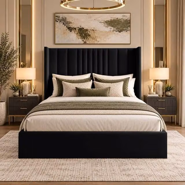 Desire Deco Adeline Upholstered Wingback Bed Frame in Black Velvet, Size: Double (140 x 200 cm)