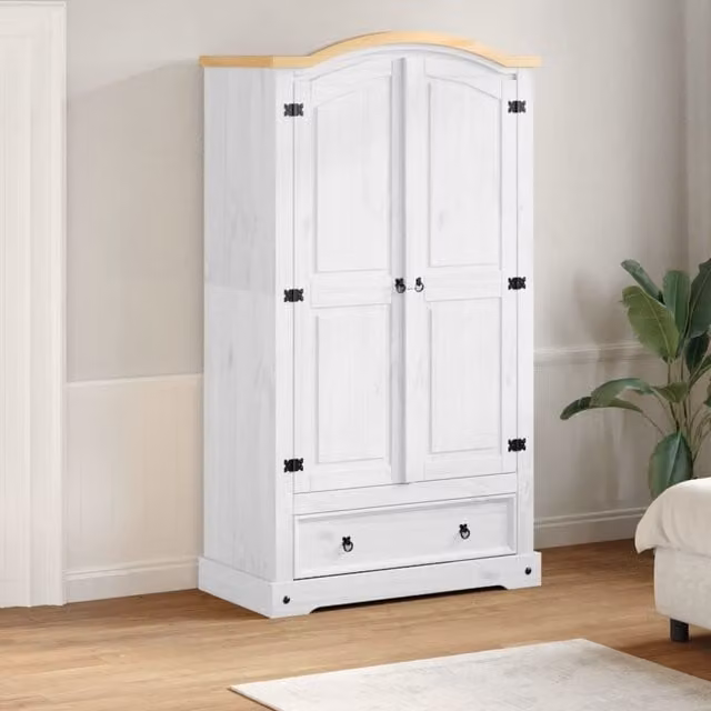 Berkfield Home Corona Wardrobe in White Solid Pine, W/D/H: 102 x 52 x 186 cm