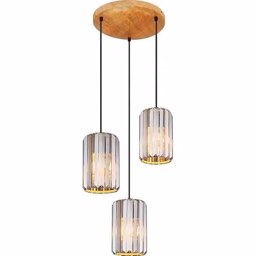 Netlighting Run Cluster Pendant Light with K5 Smoke Crystals in Brown and Wood Look, 3x E27, Diameter: 35 cm, Height: 120 cm – 1