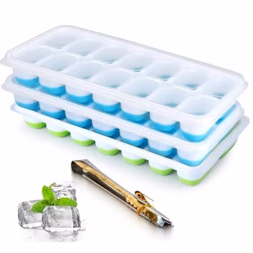 MantraRaj Pack of 3 Silicone Ice Cube Trays with Non-Spill Lids in Blue and Green – 1