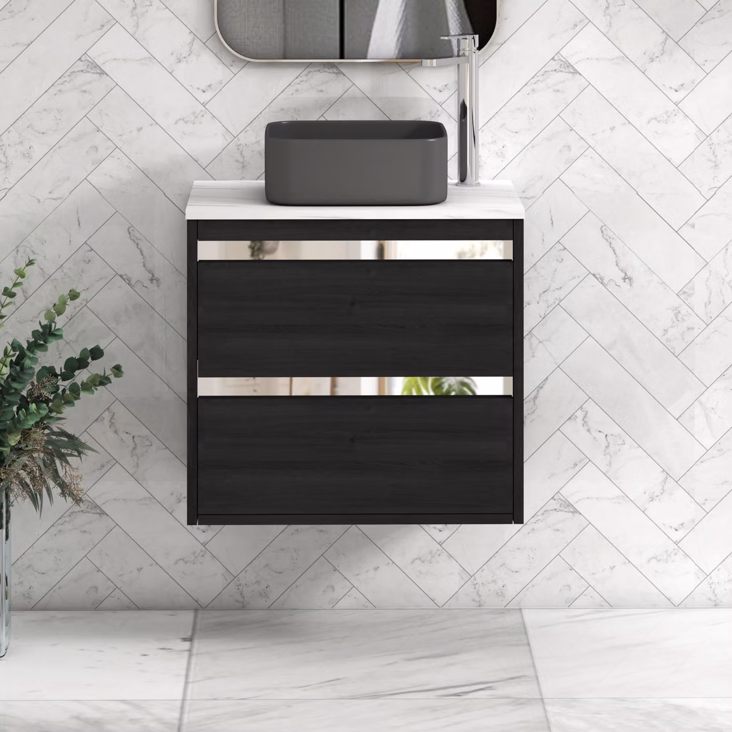 Royal Bathrooms Orion 600mm Hale Wall Hung Vanity Unit with Art Square Basin in Black and Carrara White