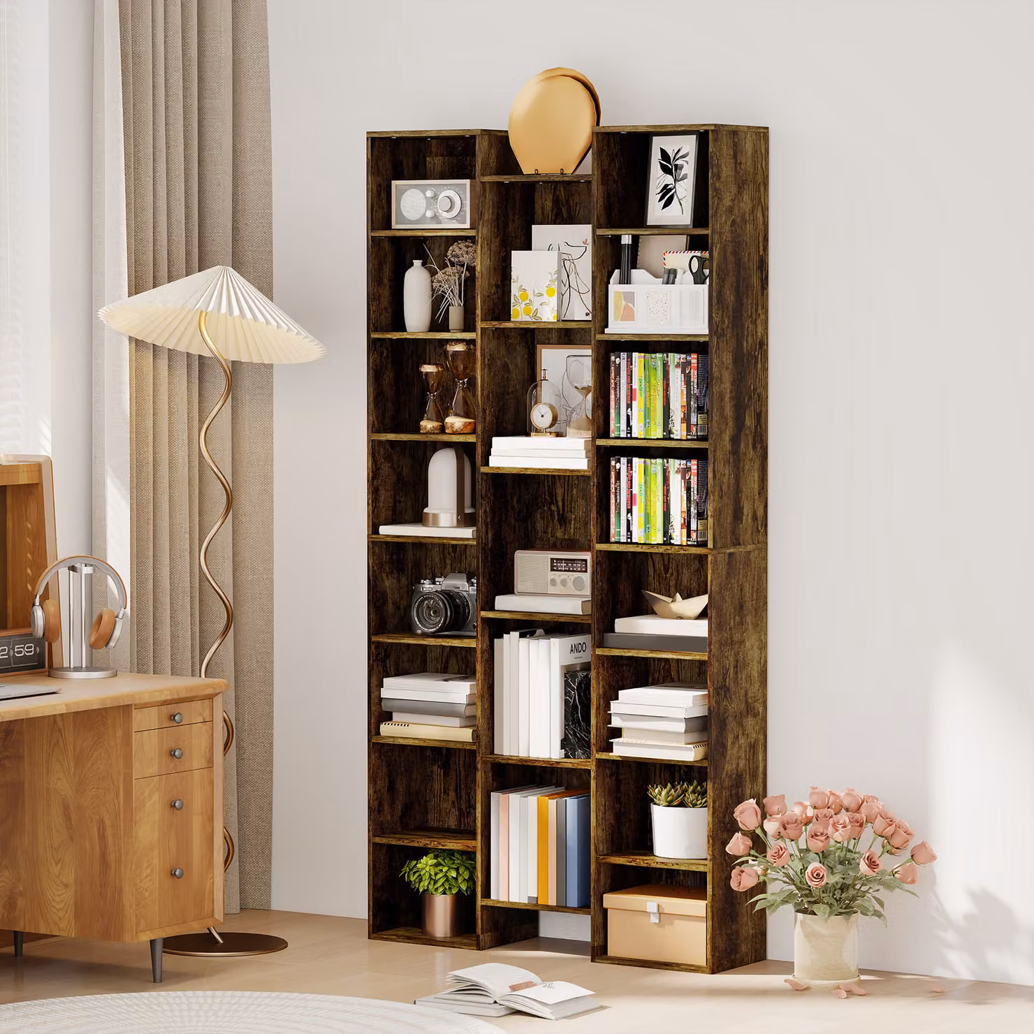 HOMCOM 21-Compartment Modern Brown Wood Cube Bookshelf with Adjustable Shelves and Back Panel – 2
