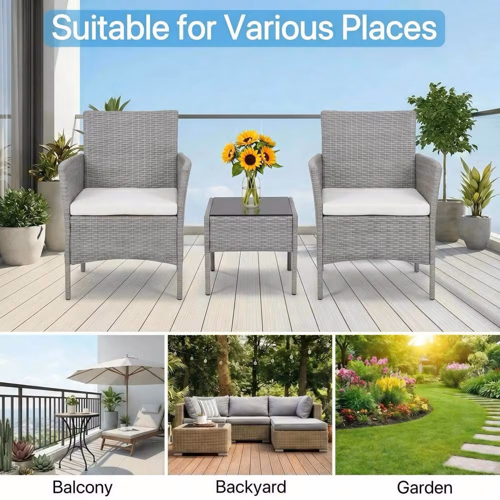 Alivio Modern Grey Polyrattan Bistro Set with 2 Lounge Armchairs, Coffee Table and Removable Weather-Resistant Cushions – 4