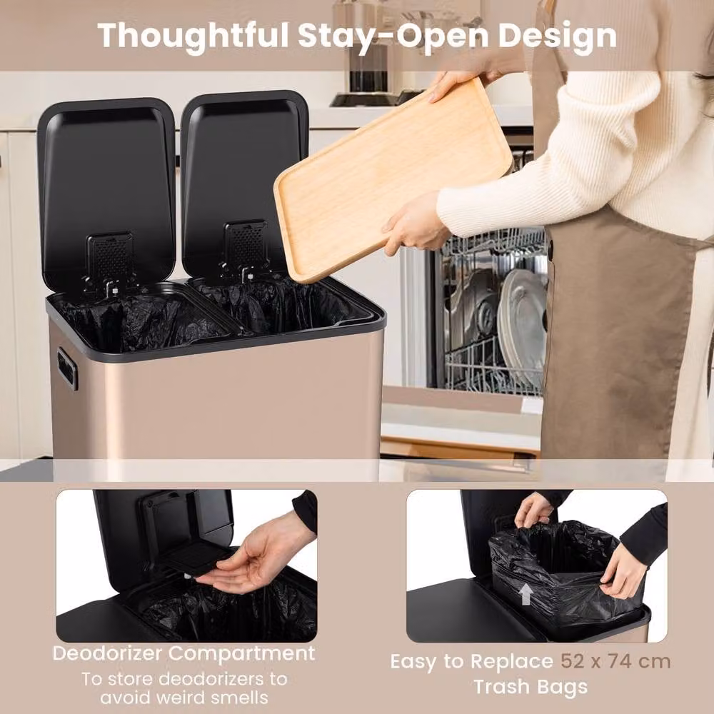 Gymax 60L Dual Step Trash Can with Two 30L Removable Liners in Rose Gold Stainless Steel – 5