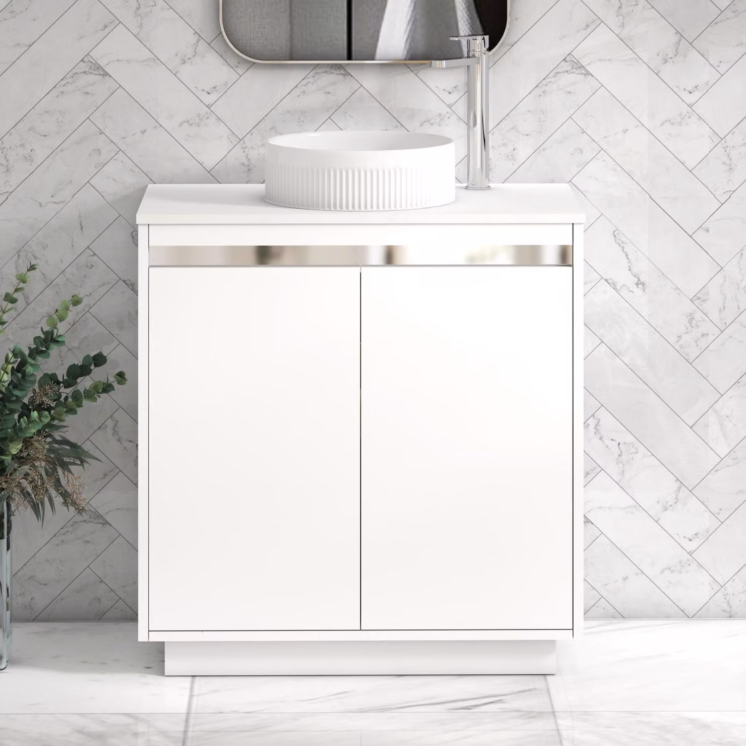 Royal Bathrooms Orion 800mm Matt White Floor Standing 2 Door Vanity Unit with Round Basin and Chrome Accent Trim