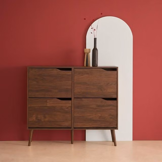 sweeek Wood Effect Shoe Cabinet with 4 Drawers and Tilting Compartments, Brown, W/D/H: 110.0 x 23.5 x 96.0 cm
