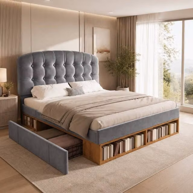 STILVORA Double Upholstered Velvet Bed with Storage Drawers in Grey, W/D/H: 140 x 200 x 137 cm