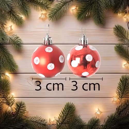 Shatchi Christmas Bauble Hanging Decorations, Red and White Polka Dot Plastic Ornaments, 24 Pack, Diameter: 3 cm – 4