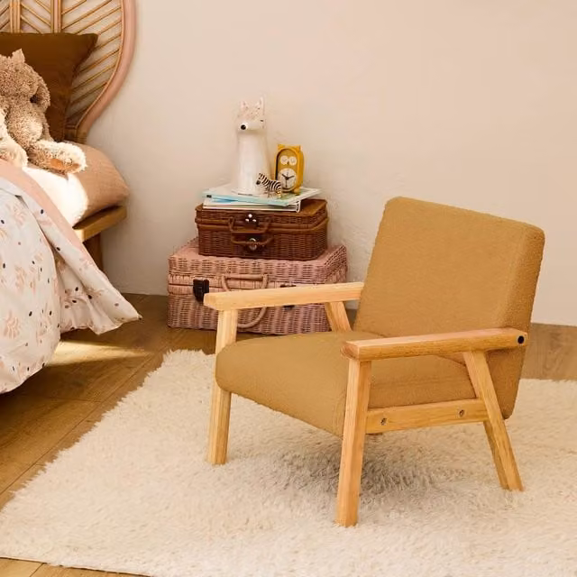 sweeek Children's Scandi-style Armchair in Mustard Boucle Fabric with Rubberwood Frame – 1