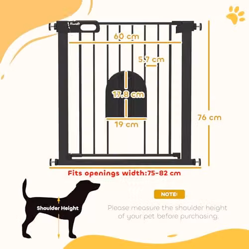 PawHut Black Metal Dog Gate with Cat Flap and Auto Close Pressure Fit Stair Gate – 3