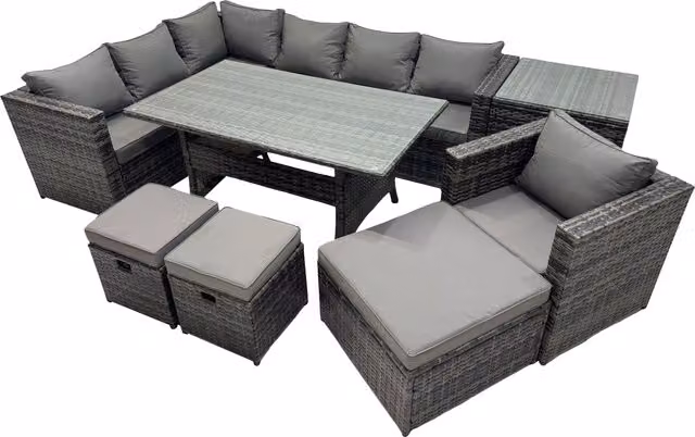 Fimous Outdoor PE Rattan Sofa Set with Chair, 3 Stools and Side Table in Dark Grey