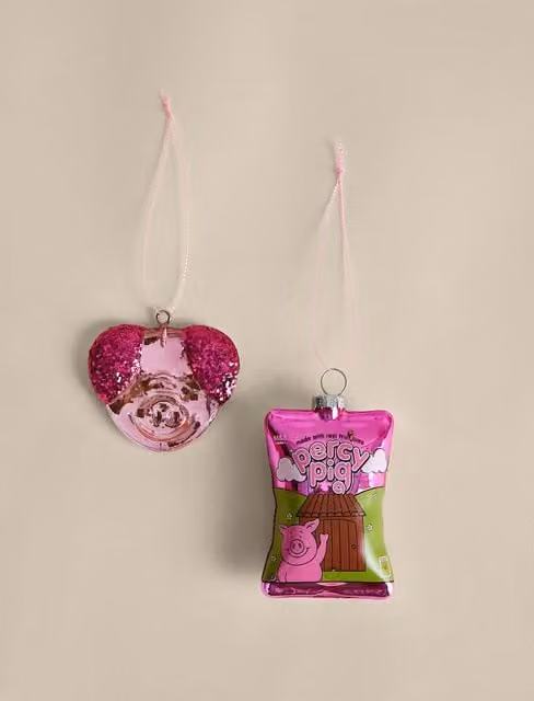 M&S Percy Pig Glitter Glass Christmas Baubles, 2 Pack, Pink Mix