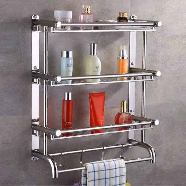 EONLION Wall Mounted Metal Bathroom Towel Rail and Storage Shelf in Silver – 1