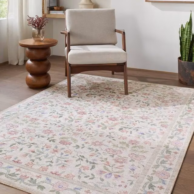 Livabliss Thistle Modern Floral Washable Living and Dining Room Rug in Light Pink, W: 200 cm, D: 275 cm
