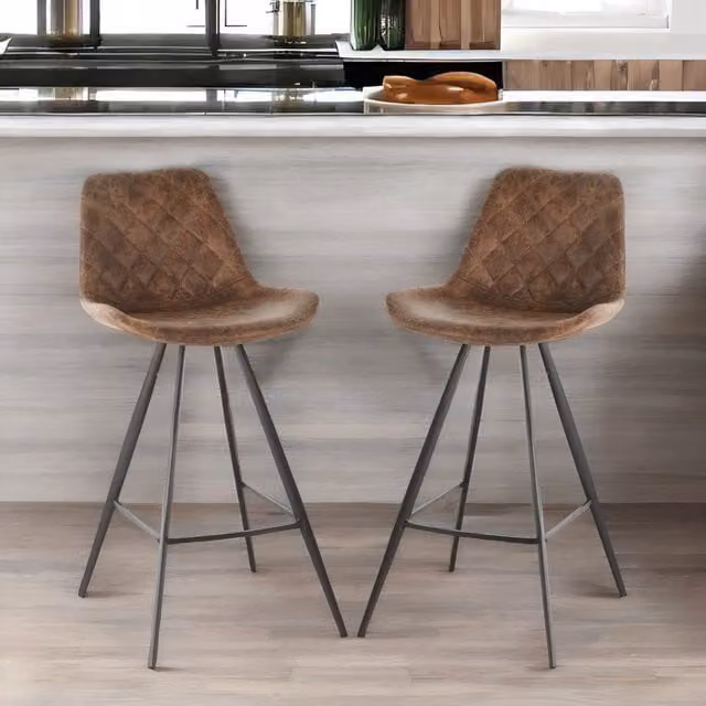 Rafaelo Mobilia Set of 2 Quilted Brown Synthetic Leather Barstools with Backrest – 1