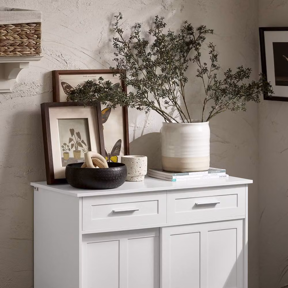 SoBuy White Farmhouse Sideboard with Sliding Doors and Silver Metal Details, Width: 80 cm – 3