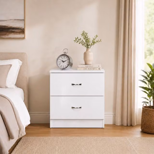 LUXURY LIFE Chilton Modern 2 Drawer Gloss White Bedside Table – 1