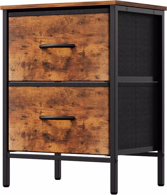 Livingandhome Rustic Bedside Table with 2 Fabric Drawers in Brown and Black