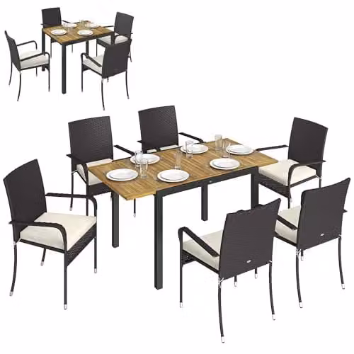 Outsunny 7 Piece Rattan Garden Furniture Set in White and Beige with Acacia Wood and Metal Frame, W/D/H: 150 x 80 x 76 cm