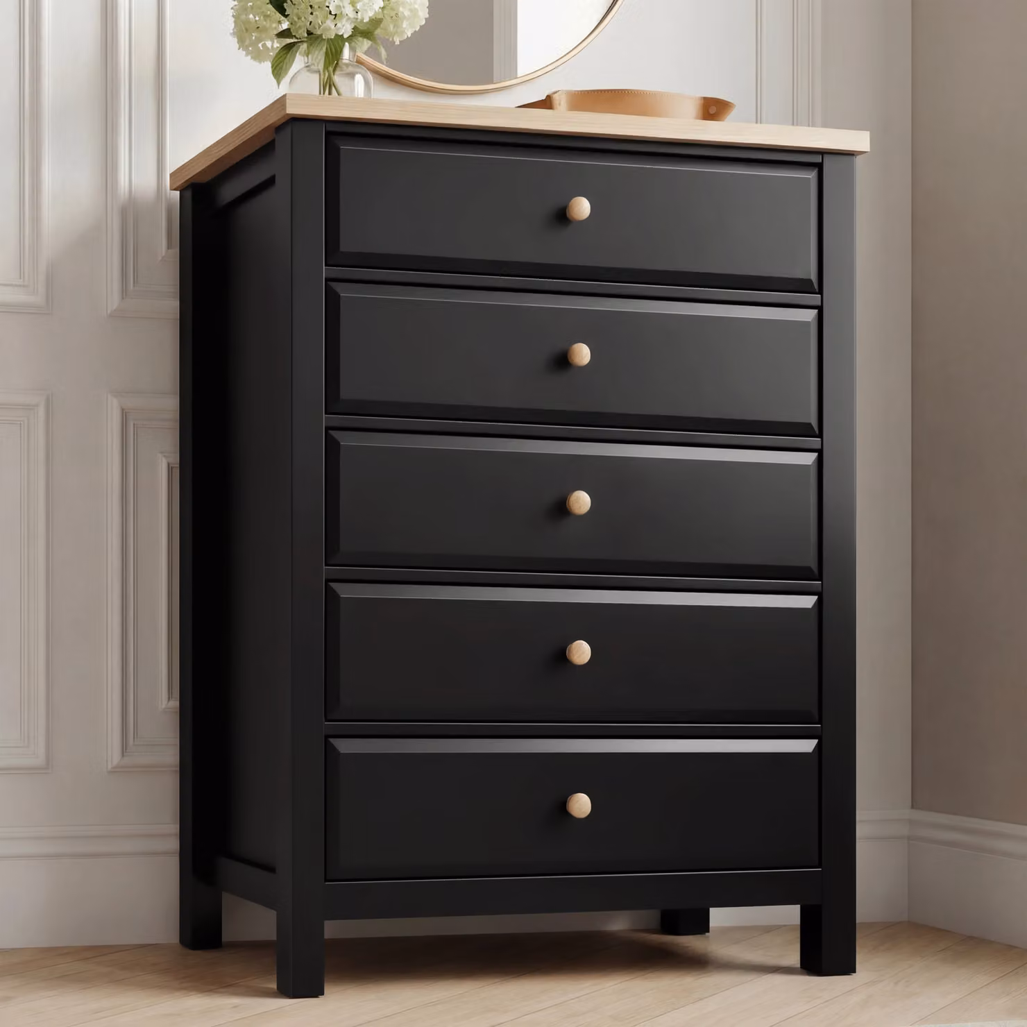 DHS Black Tall 5 Chest of Drawers with Oak Details, W/D/H: 93 x 42 x 115 cm