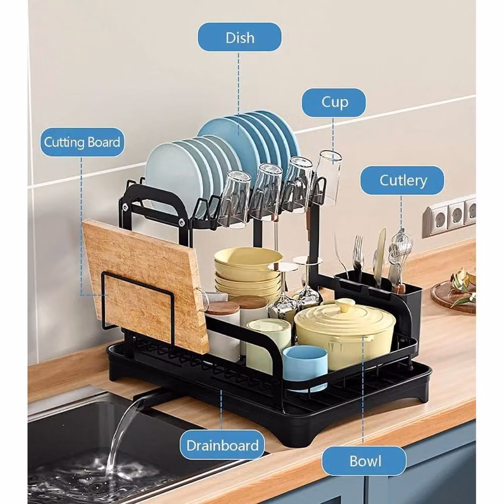 KORVIXA 2 Tier Dish Drainer Rack with Drip Tray and Cutlery Holder, Black – 5