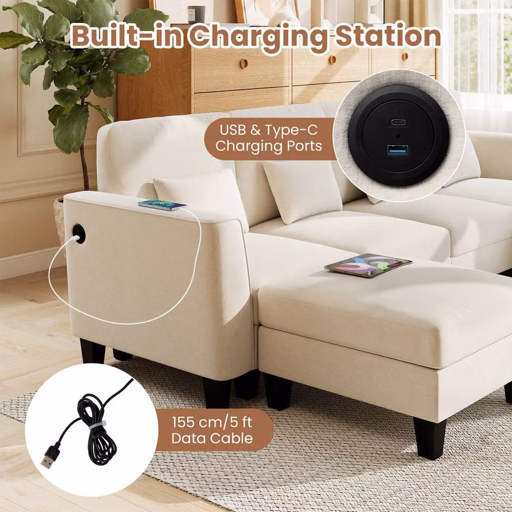 Costway Reversible U-Shape Sectional Sofa Set in White with 2 Ottomans, USB Charging and Removable Covers – 3