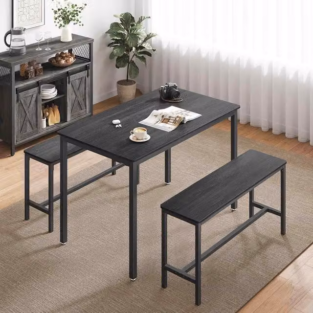 The Bazaarist 3 Piece Industrial Dining Set with Rectangular Table and 2 Benches in Grey and Black
