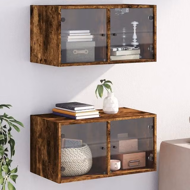 Berkfield Home Wall Mounted Cabinets with Glass Doors, 2 Piece Set, Smoked Oak Brown, W: 68.5 cm, D: 37 cm, H: 35 cm – 1