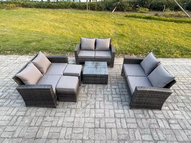 Fimous Outdoor Lounge Sofa Set with Square Coffee Table in Dark Grey PE Rattan