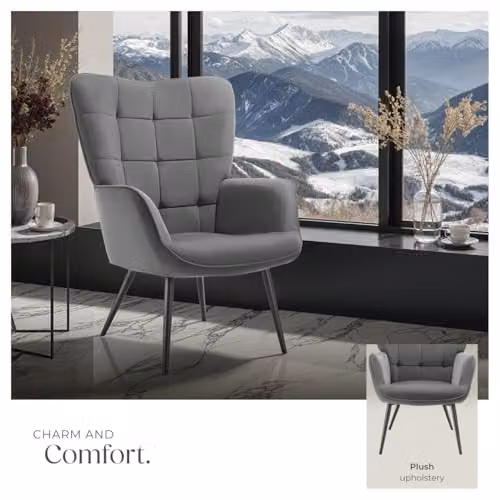 tectake Scandinavian Style Corduroy Armchair with Foam Padding and Steel Legs in Anthracite/Black, W: 76 cm, D: 72 cm, H: 100.5 cm – 6