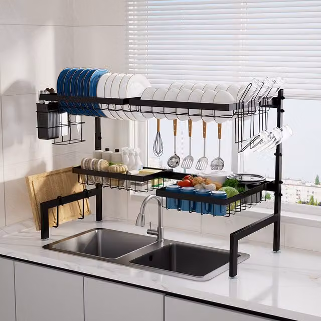 Toque Expandable 2 Tier Over Sink Dish Drying Rack in Black Coated Steel, W/D/H: 55.0 x 30.0 x 30.0 cm