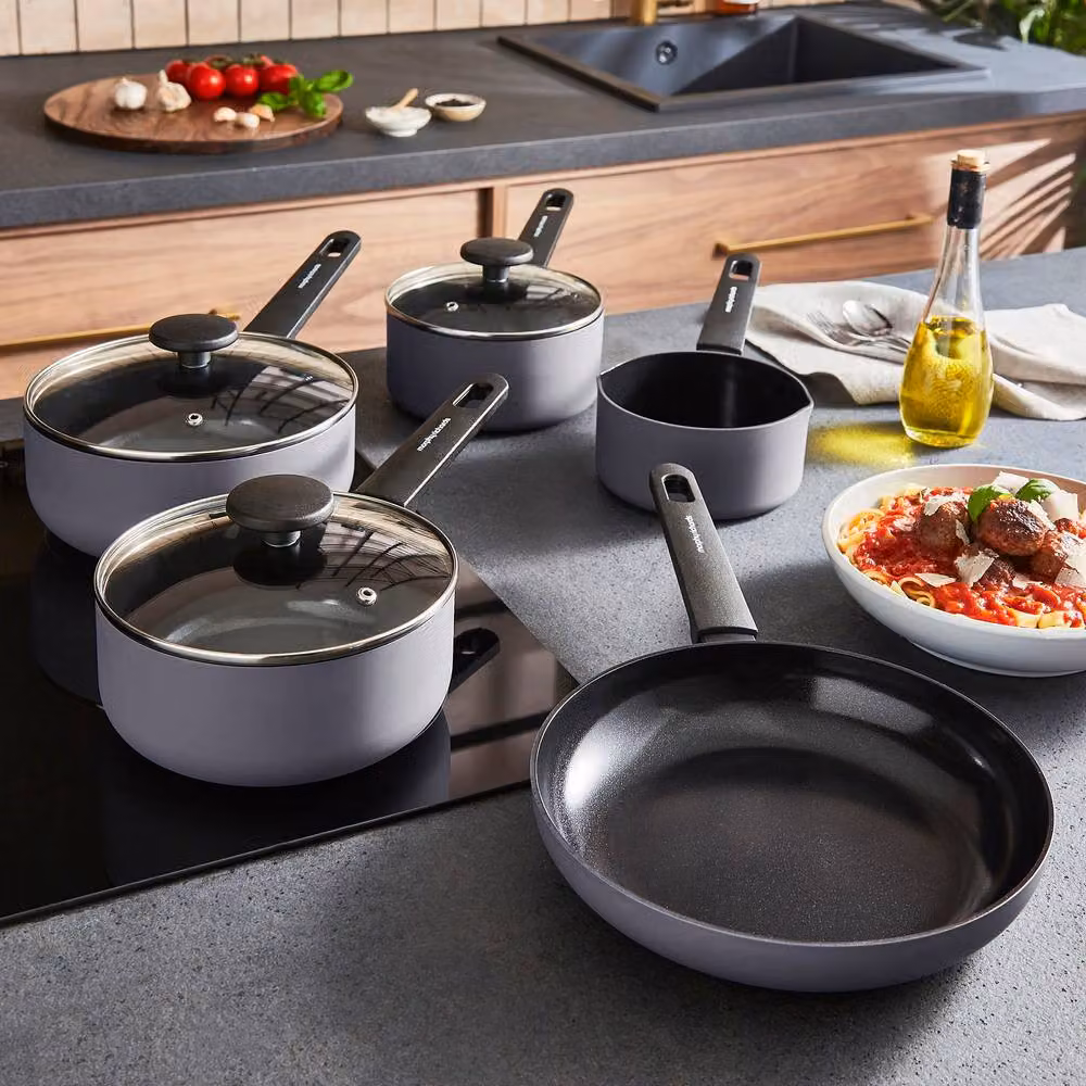 Morphy Richards 5-Piece Aluminium and Ceramic Saucepan and Frying Pan Set in Grey – 6