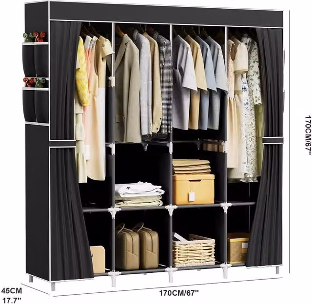 PAWNORA Large Black Fabric Canvas Wardrobe with Metal Frame – 1