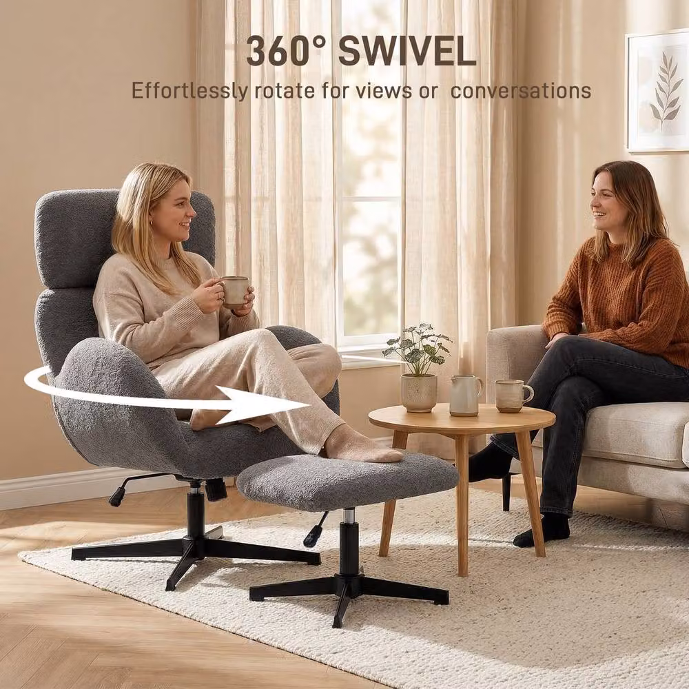 STILVORA Grey Velvet 360 Degree Swivel Armchair and Footstool Set with Metal Frame – 5