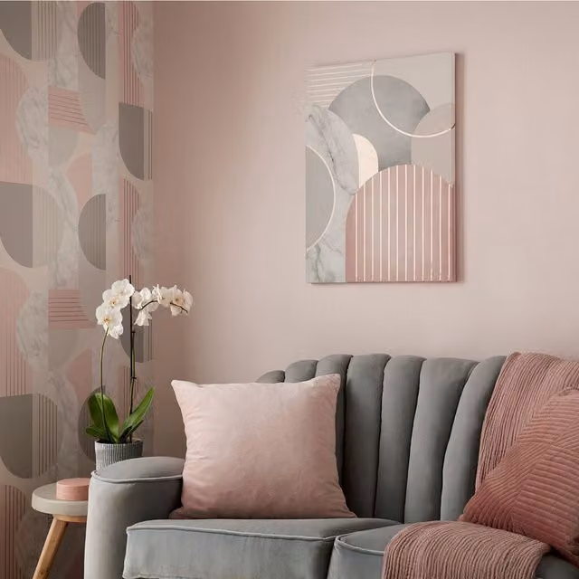 Art for the Home Art Deco Geometric Metallic Oval Canvas in Pink, Grey and Gold