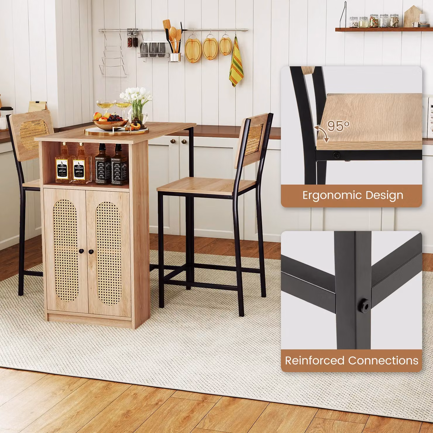 Gymax 3 Piece Bar Table Set with 2 Bar Stools and Cabinet in Beige – 5