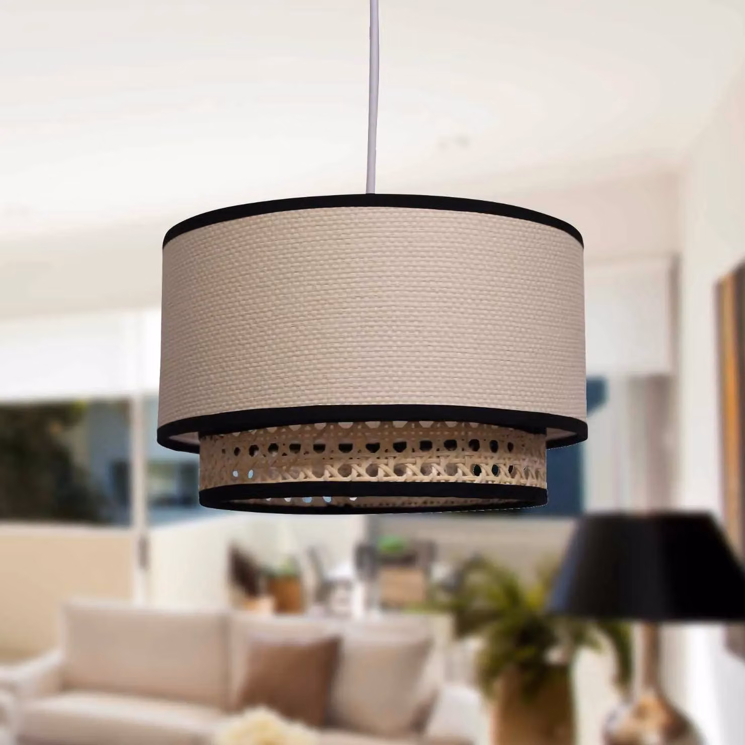First Choice Lighting Koral Two Tier Cylinder Pendant Shade in Natural Rattan and Cane, Beige and Brown – 4