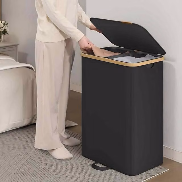 The Bazaarist Double Laundry Sorter with Lid and Removable Liners in Jet Black