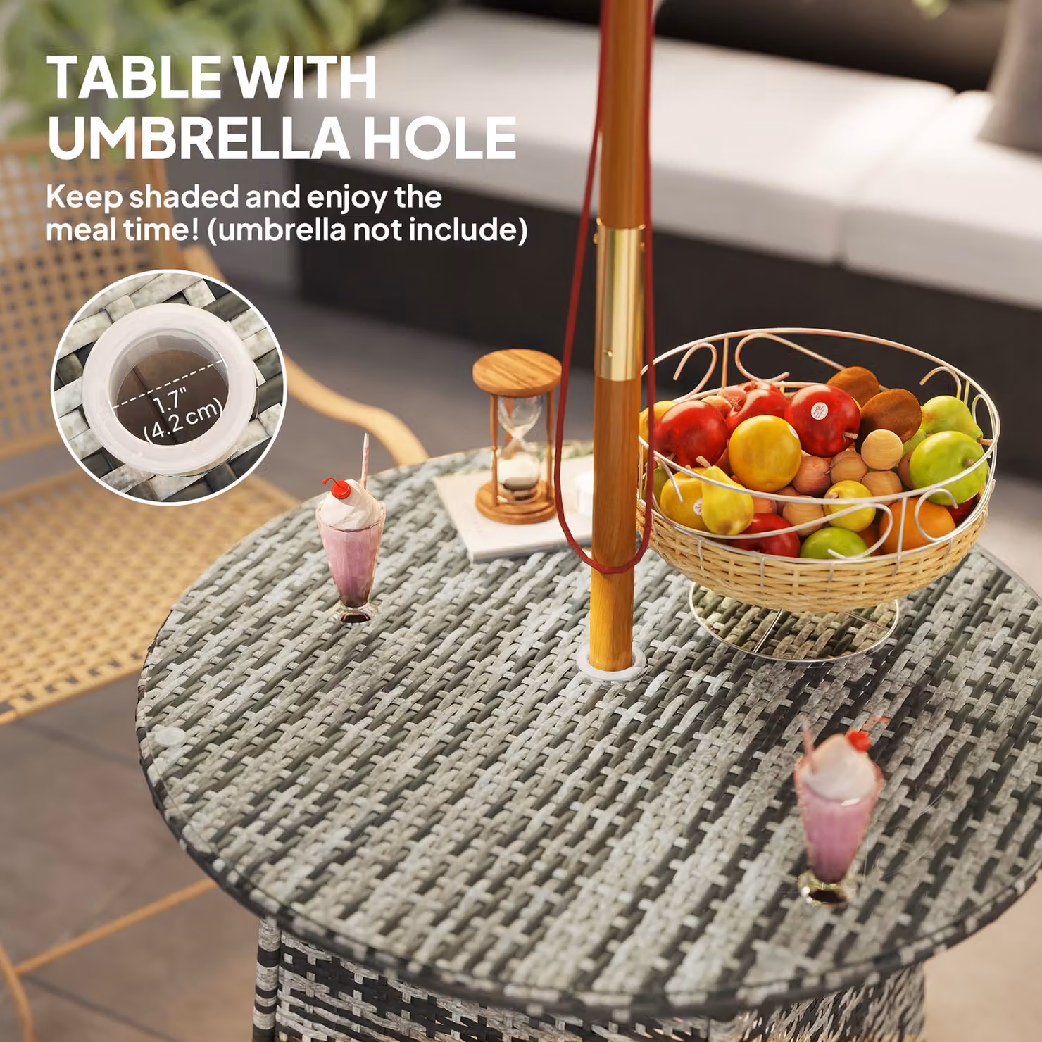 Outsunny Grey Wicker Rattan Garden Coffee Table with Tempered Glass Top and Umbrella Hole, W/D/H: 74 x 80 x 0 cm – 4