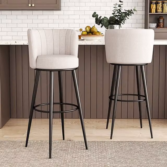 Livingandhome Set of 2 Modern Striped Linen Upholstered Bar Stools in White with Metal Legs