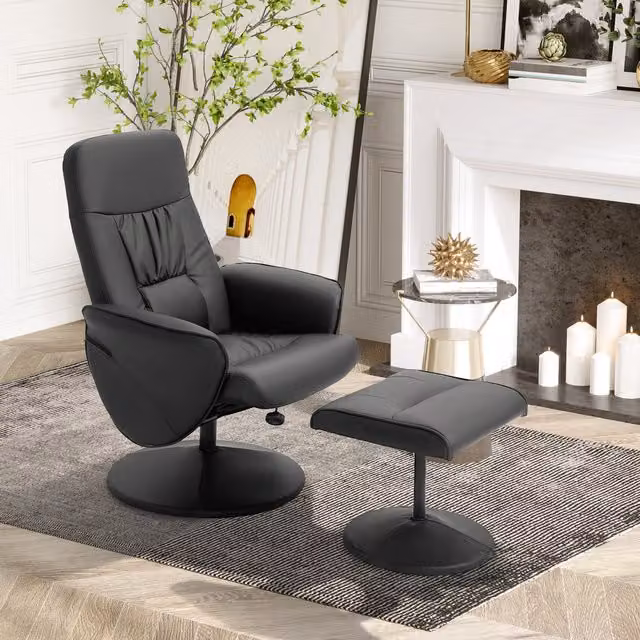 HOMCOM 2 Piece Reclining Armchair and Ottoman Set with 360 Degree Swivel in Black PU Leather