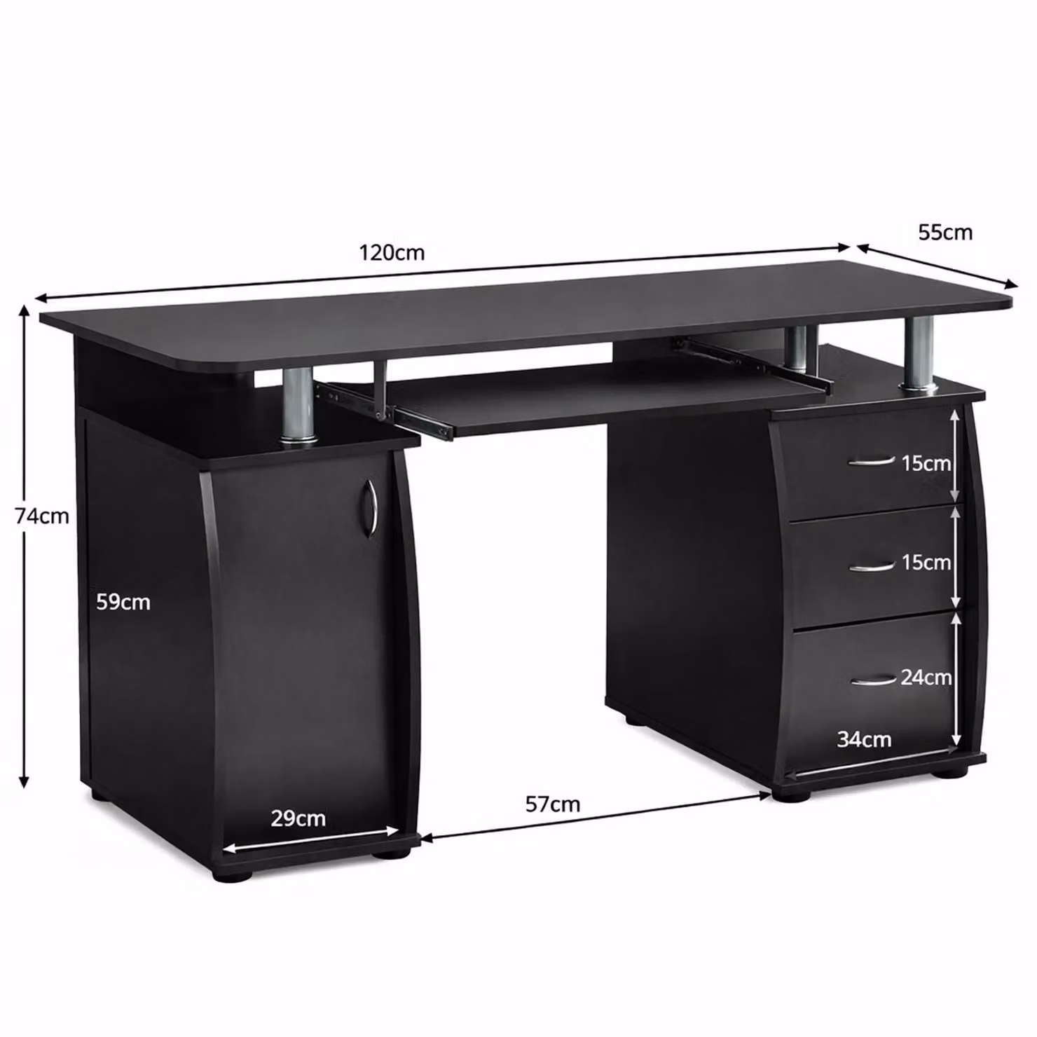 RayGar Black Deluxe Design Computer Desk with Storage Cabinet and 3 Drawers, W/D/H: 150 x 55 x 74 cm – 5