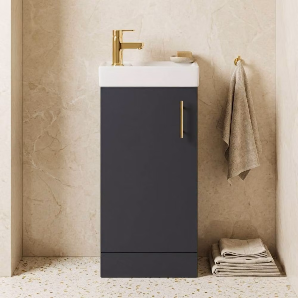Balterley Grey Floor Standing Vanity Basin with Satin Soft Black Finish and Brushed Brass Handle, Width: 40 cm, Height: 86.1 cm – 6