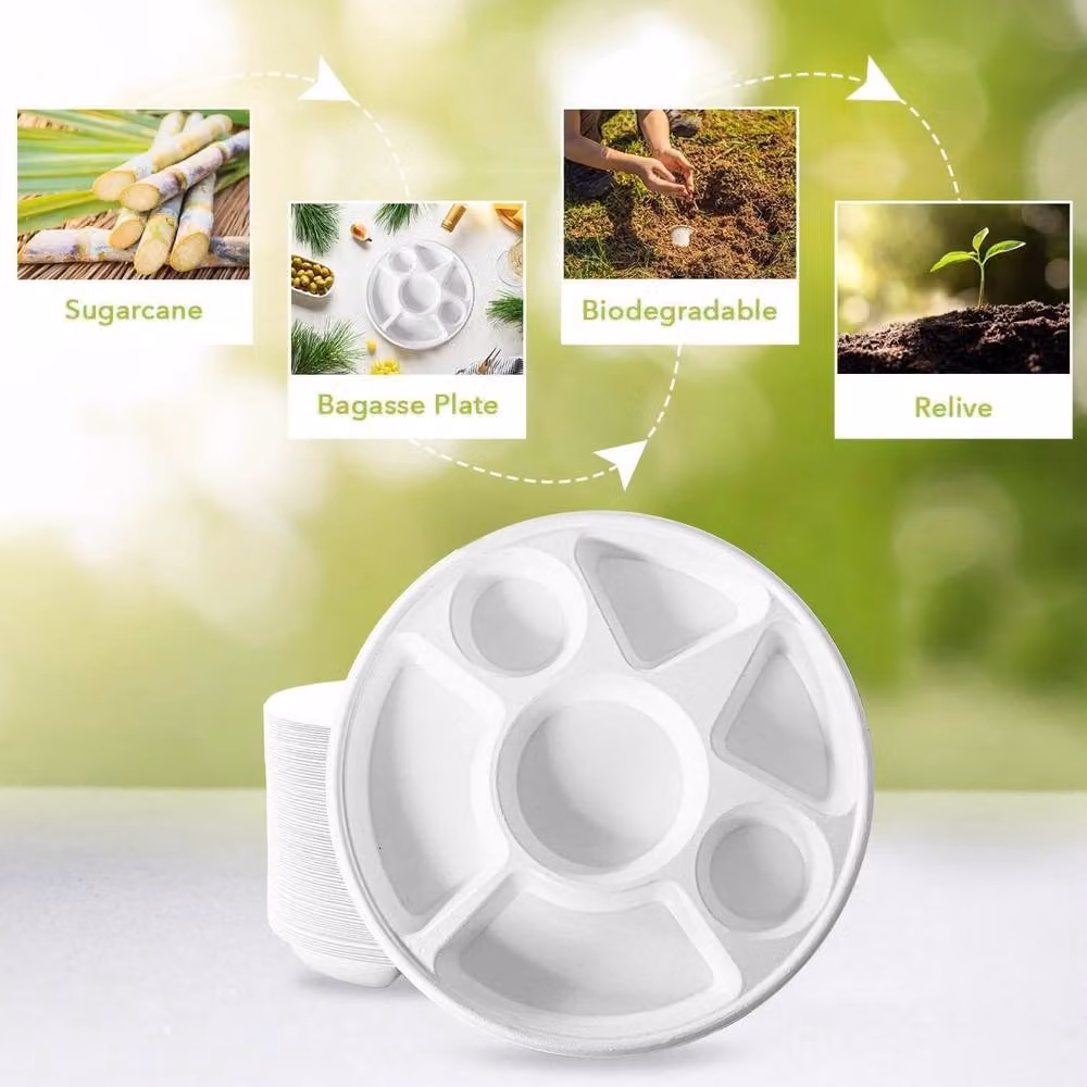 ECONX 200 Pack White Heavy Duty Disposable 7 Compartment Round Bagasse Dinner Plates – 2