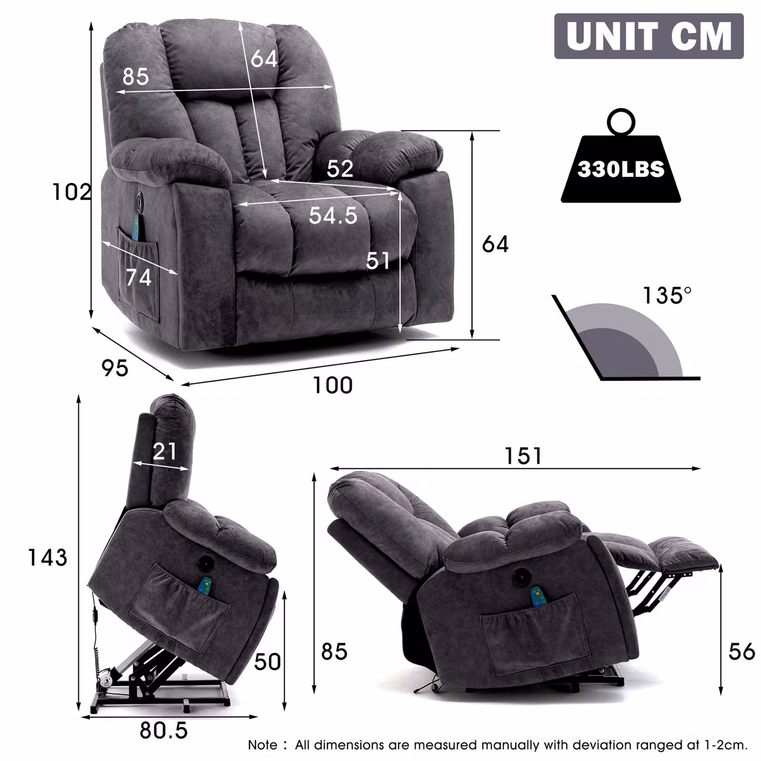 Aosom Grey Power Lift Electric Recliner Chair with Heat, Vibration, USB Ports and Side Pockets, W/D/H: 100 x 95 x 105 cm – 3